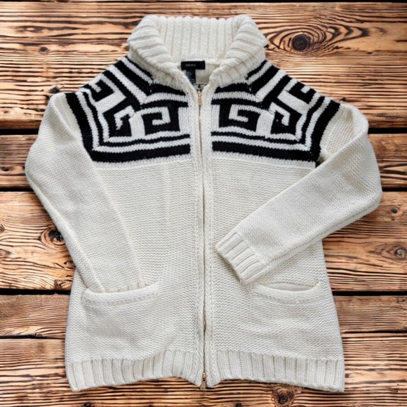 Cowichan Inspired Cardigan Womens Juniors Large Zip Chunky Knit Beige Black Wool - Picture 1 of 15